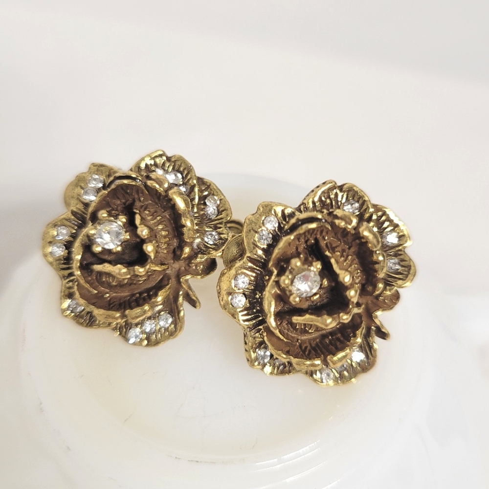 Vintage Goldette Gold Tone Rose Floral Clip-On Earrings with Crystal Details